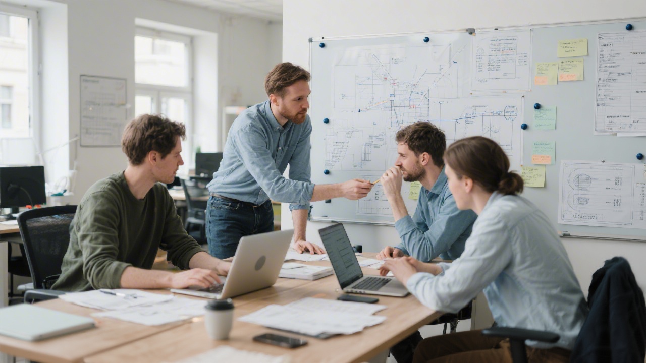Founding team collaborating over financial compliance blueprints in a Berlin workspace, mapping employee benefit accounting strategies with laptops and planning boards.