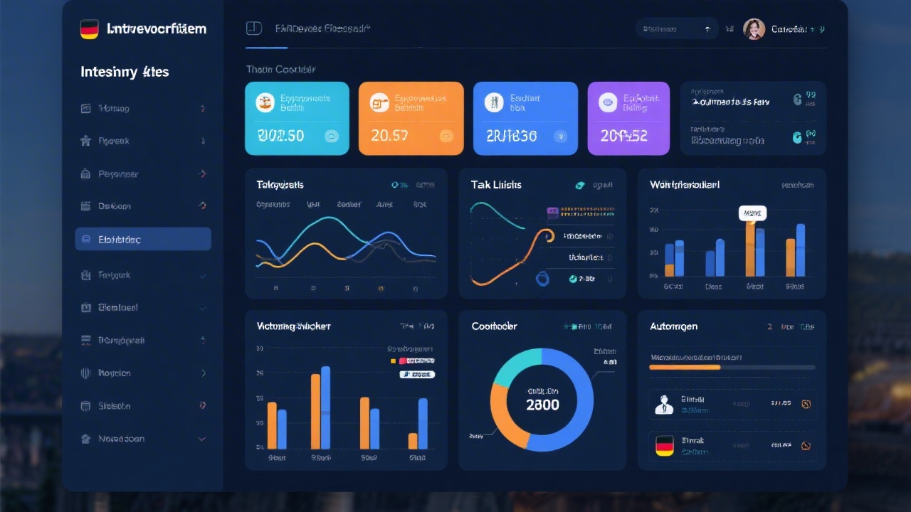Interactive financial dashboard presenting categorized employee benefits, tax liabilities, workflow completion rates, and automated alerts for German compliance checkpoints.