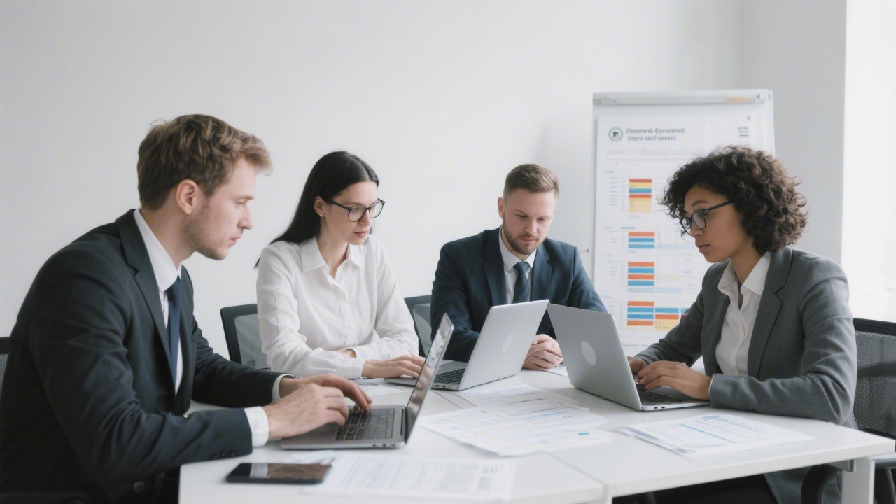 Four payroll specialists reviewing German employee benefit compliance charts on laptops in a minimalist Berlin office, emphasizing collaboration on transparent tax documentation workflows.