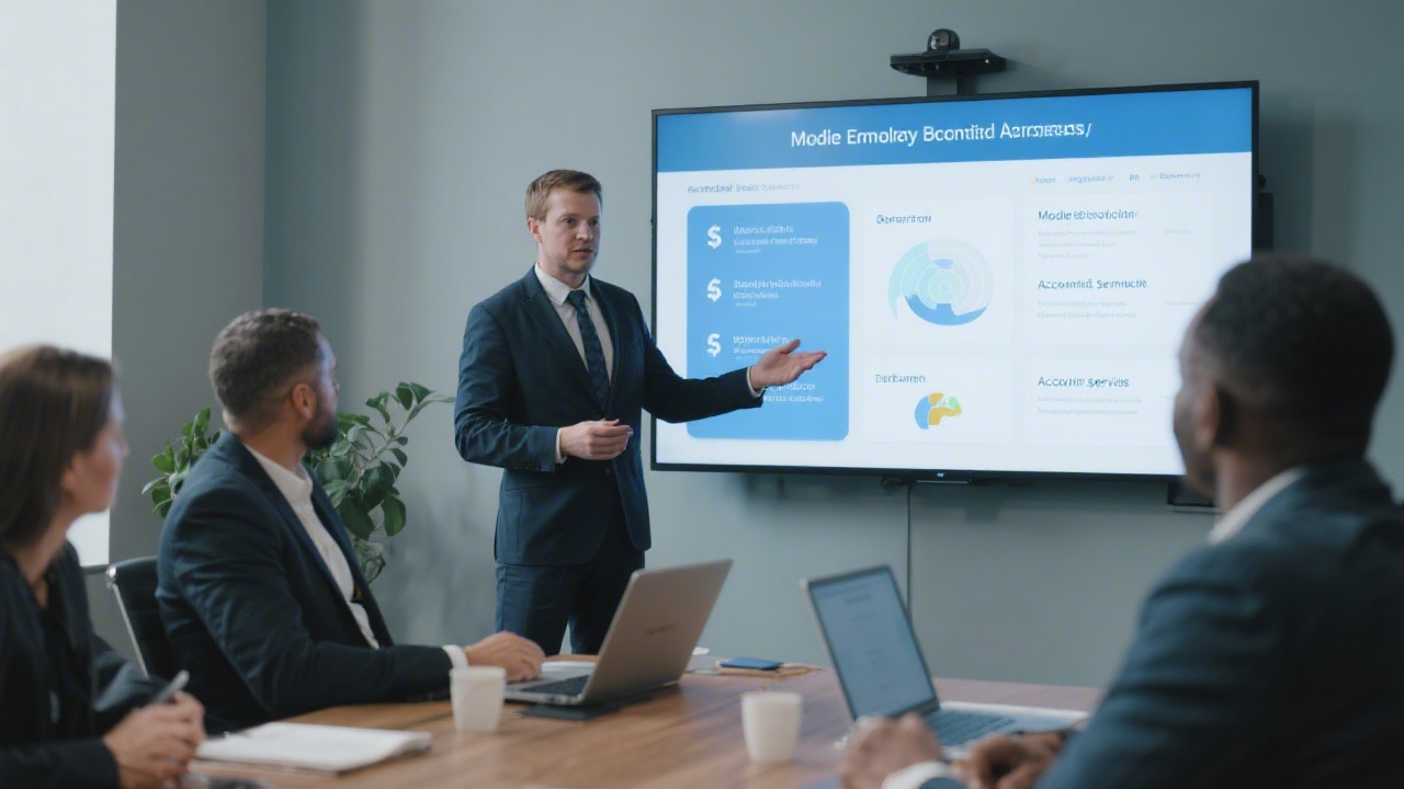 Professional financial advisor presenting modular employee benefit accounting services on a digital board to corporate stakeholders in a conference setting.