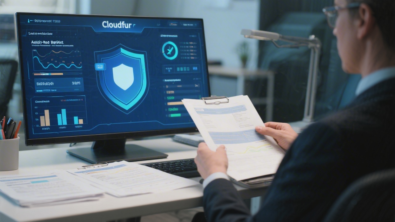 Compliance officer reviewing audit-ready benefit documentation with layered security metrics and Cloudflare shield indicators on screen.